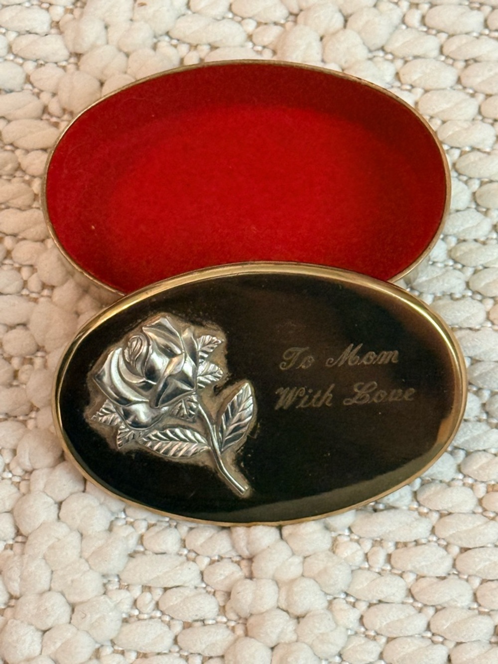 Vintage Oval Red Velvet Trinket box- with inscription “to mom with love”